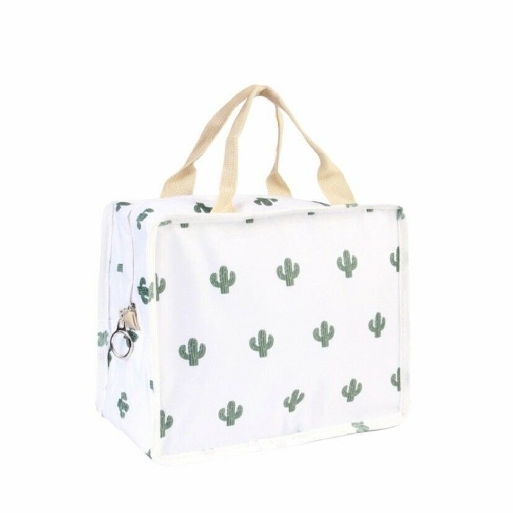 NEW Lunch Box Cactus Print All over White Green Zipper Closure One Compartment